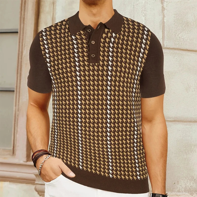Men’s Retro Houndstooth Knit Short Sleeve Polo