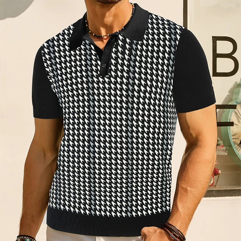 Men’s Retro Houndstooth Knit Short Sleeve Polo