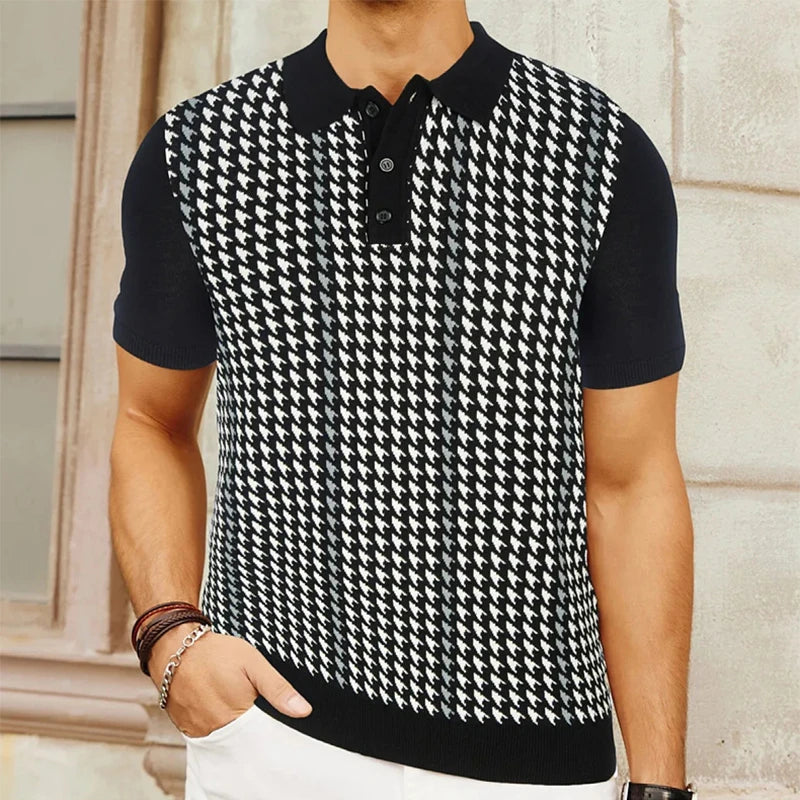Men’s Retro Houndstooth Knit Short Sleeve Polo