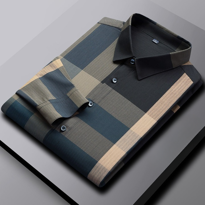 Mens Classic Plaid Button-Down Checkered Long Sleeve Shirt