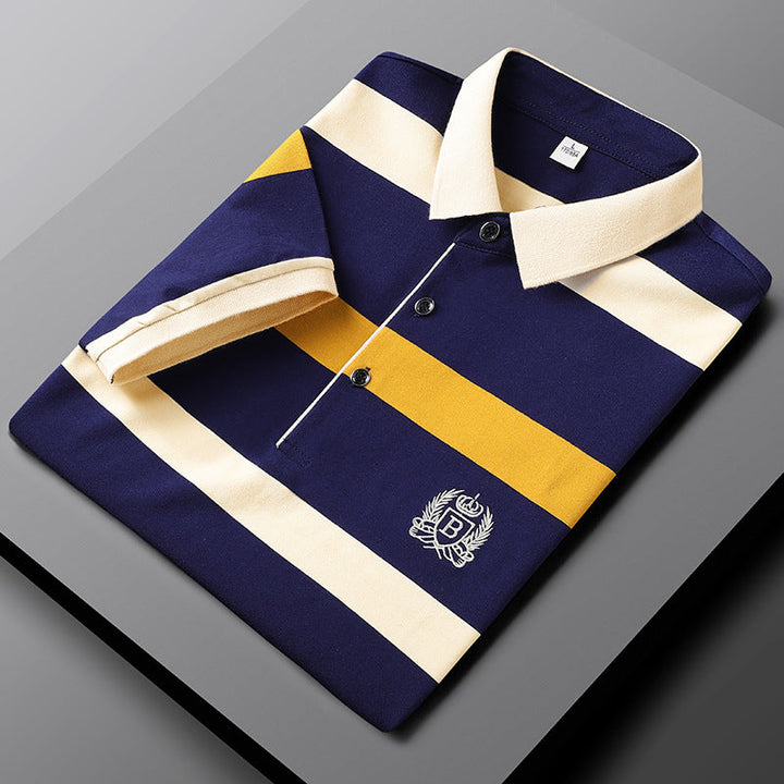 Men’s Cotton Striped Polo – Embroidered Crest Design
