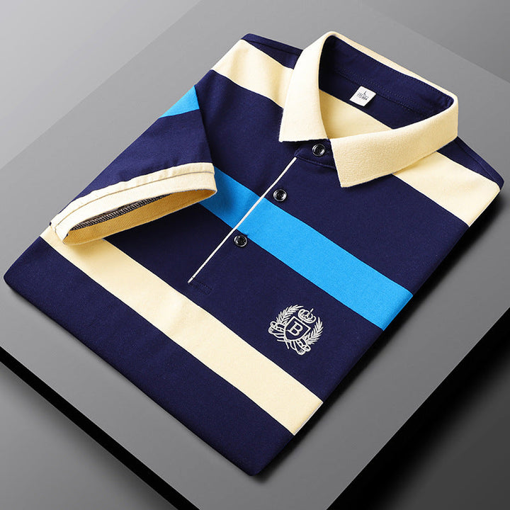 Men’s Cotton Striped Polo – Embroidered Crest Design