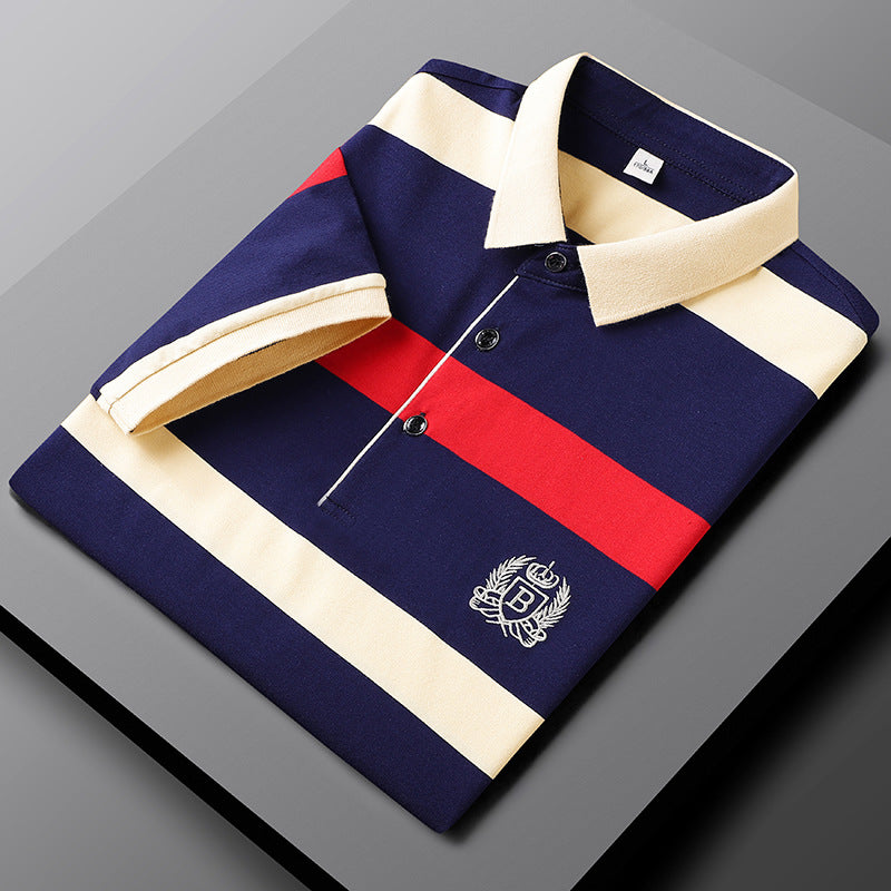 Men’s Cotton Striped Polo – Embroidered Crest Design