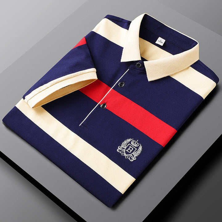 Men’s Cotton Striped Polo – Embroidered Crest Design