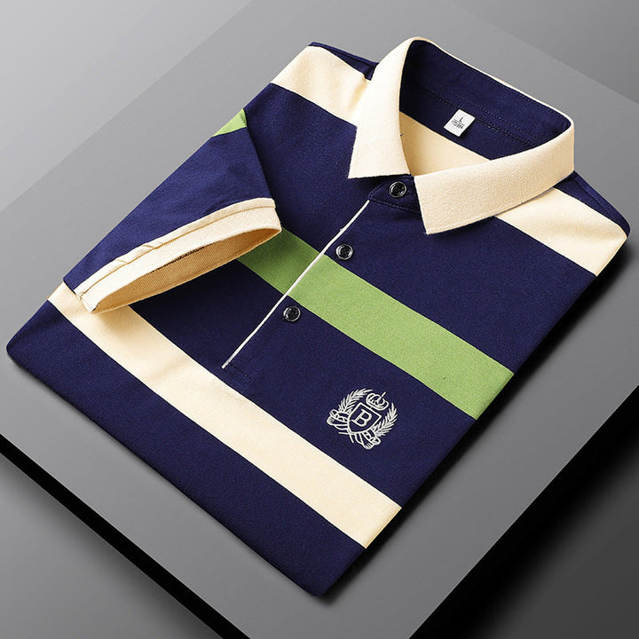 Men’s Cotton Striped Polo – Embroidered Crest Design