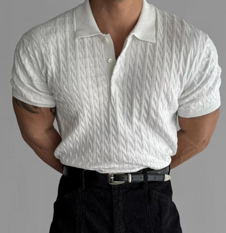 Men’s Textured Casual Dress Cable-Knit Polo Shirt