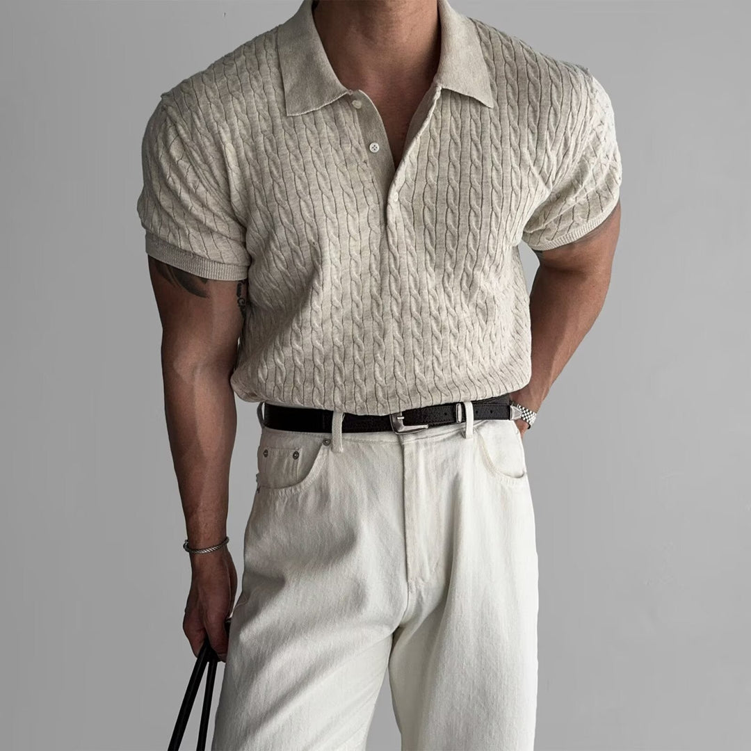 Men’s Textured Casual Dress Cable-Knit Polo Shirt