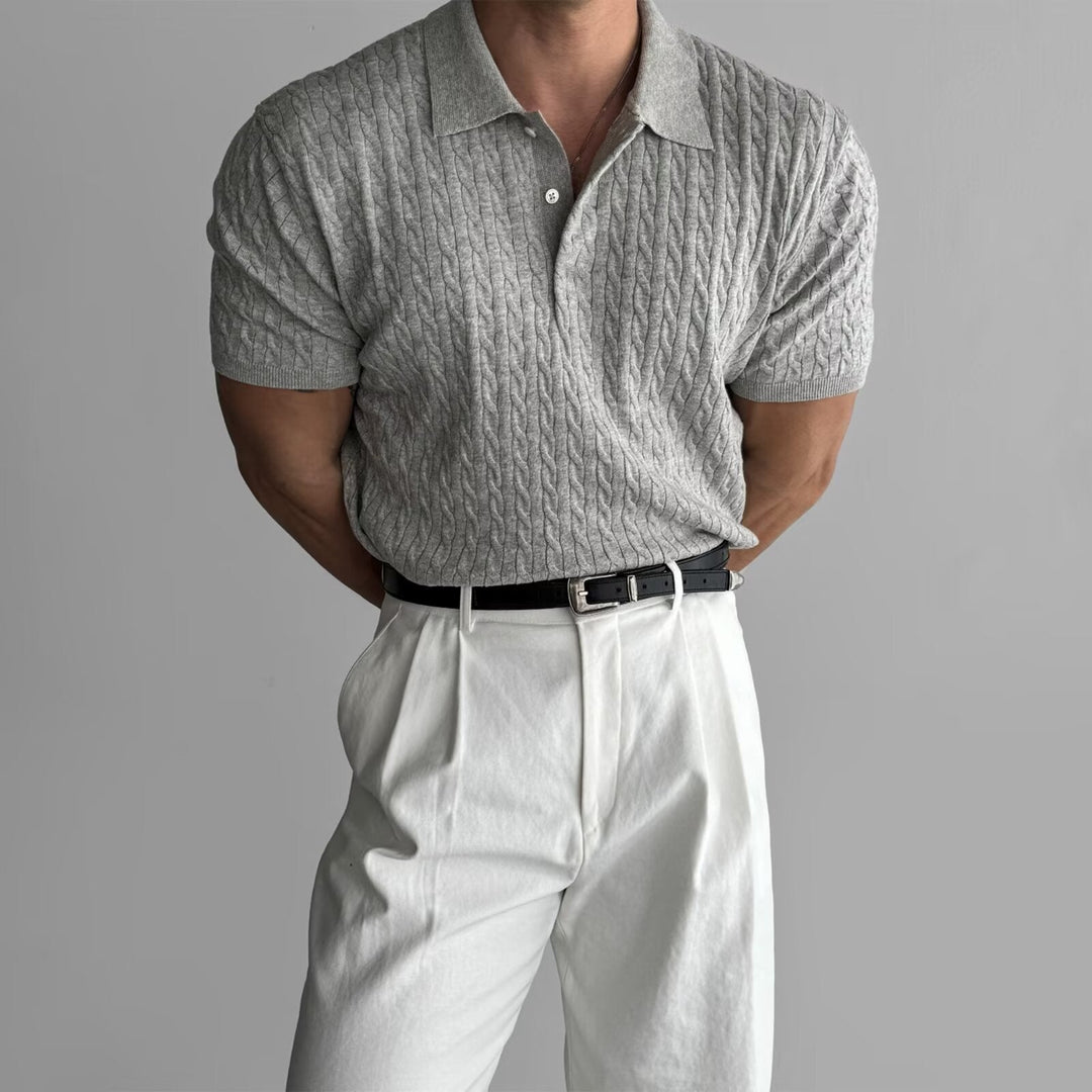 Men’s Textured Casual Dress Cable-Knit Polo Shirt