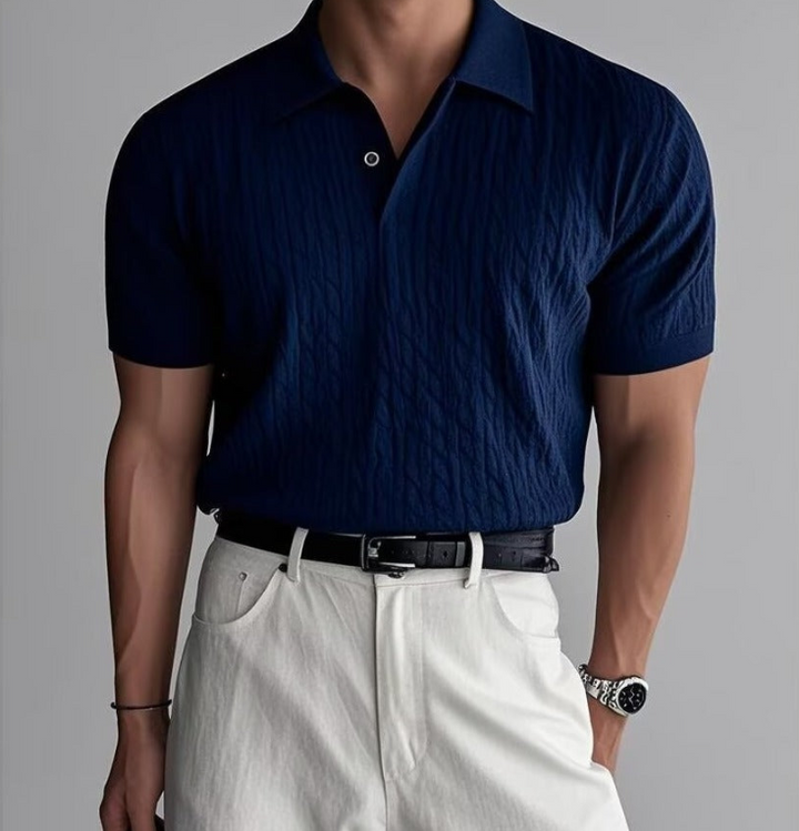 Men’s Textured Casual Dress Cable-Knit Polo Shirt