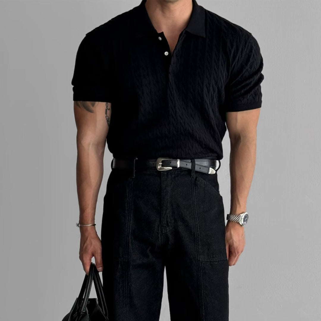 Men’s Textured Casual Dress Cable-Knit Polo Shirt