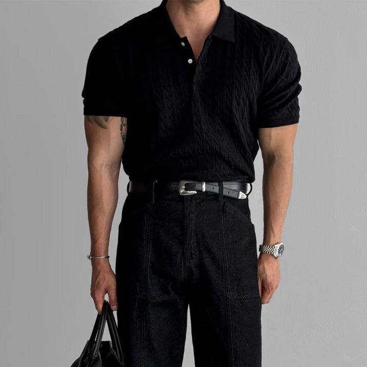 Men’s Textured Casual Dress Cable-Knit Polo Shirt