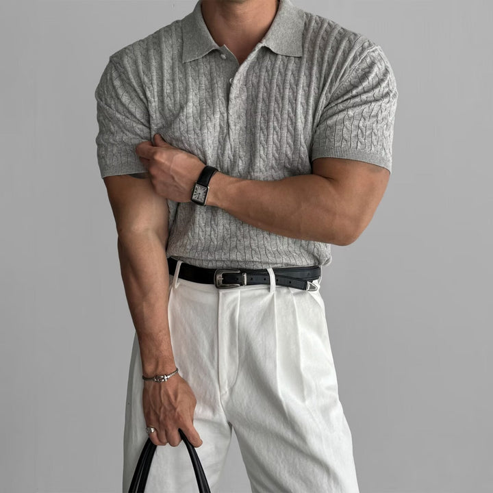 Men’s Textured Casual Dress Cable-Knit Polo Shirt