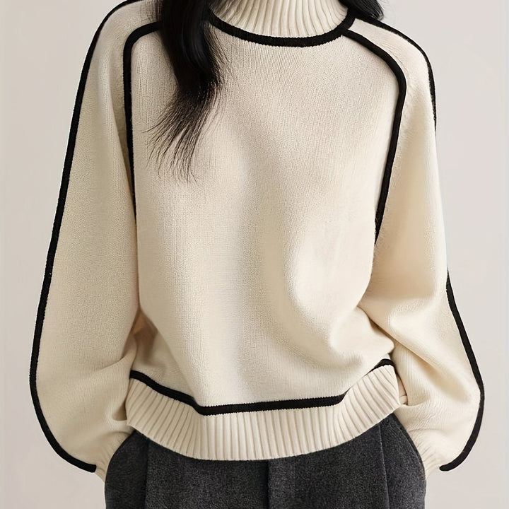 Women's Ribbed Turtleneck Sweater Contrast Trim