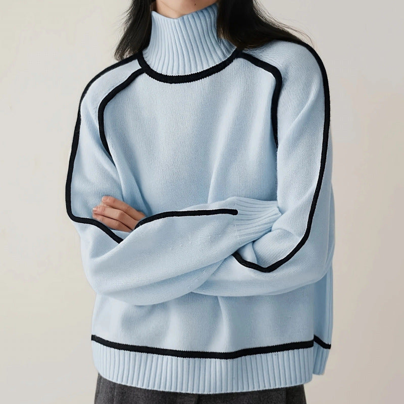 Women's Ribbed Turtleneck Sweater Contrast Trim
