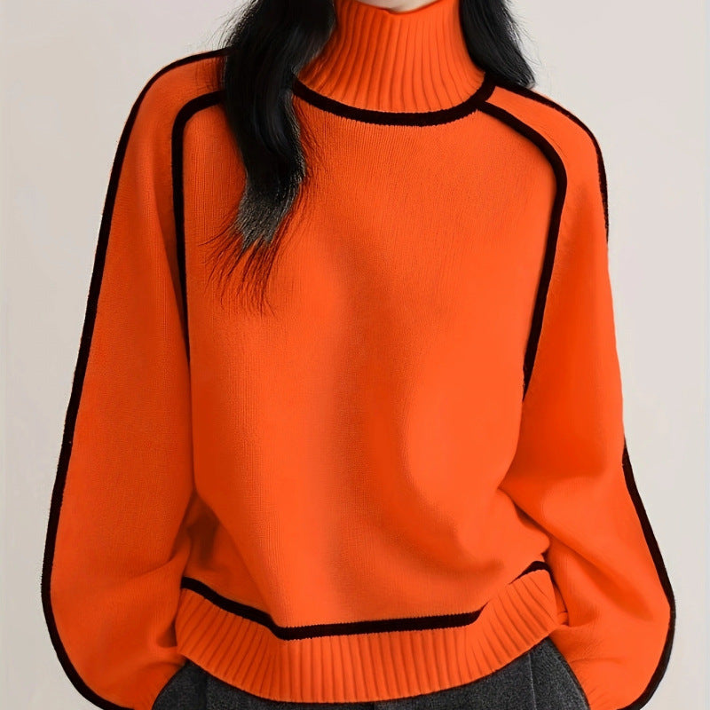 Women's Ribbed Turtleneck Sweater Contrast Trim