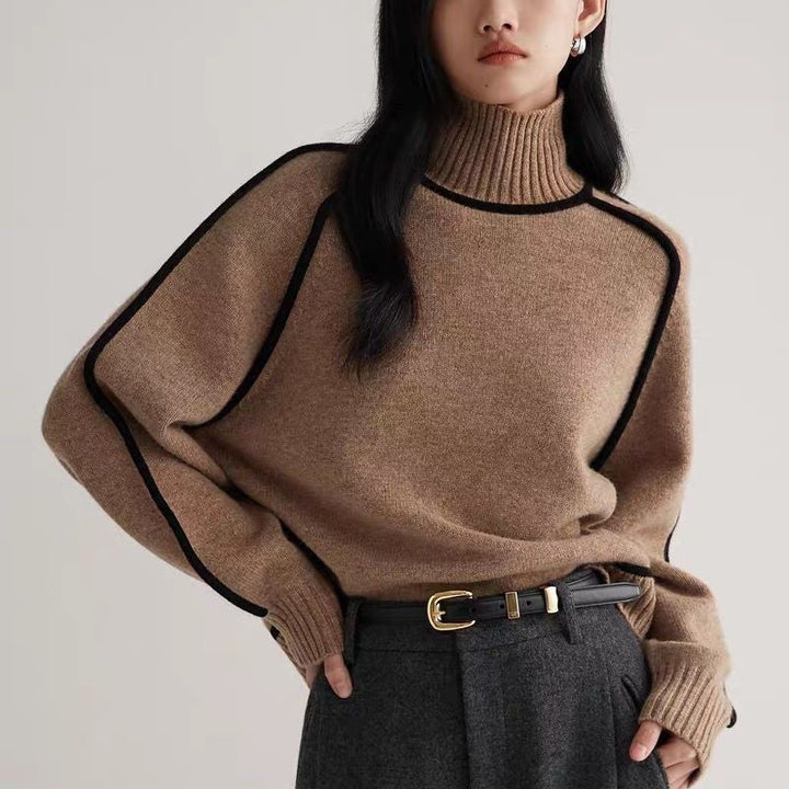 Women's Ribbed Turtleneck Sweater Contrast Trim
