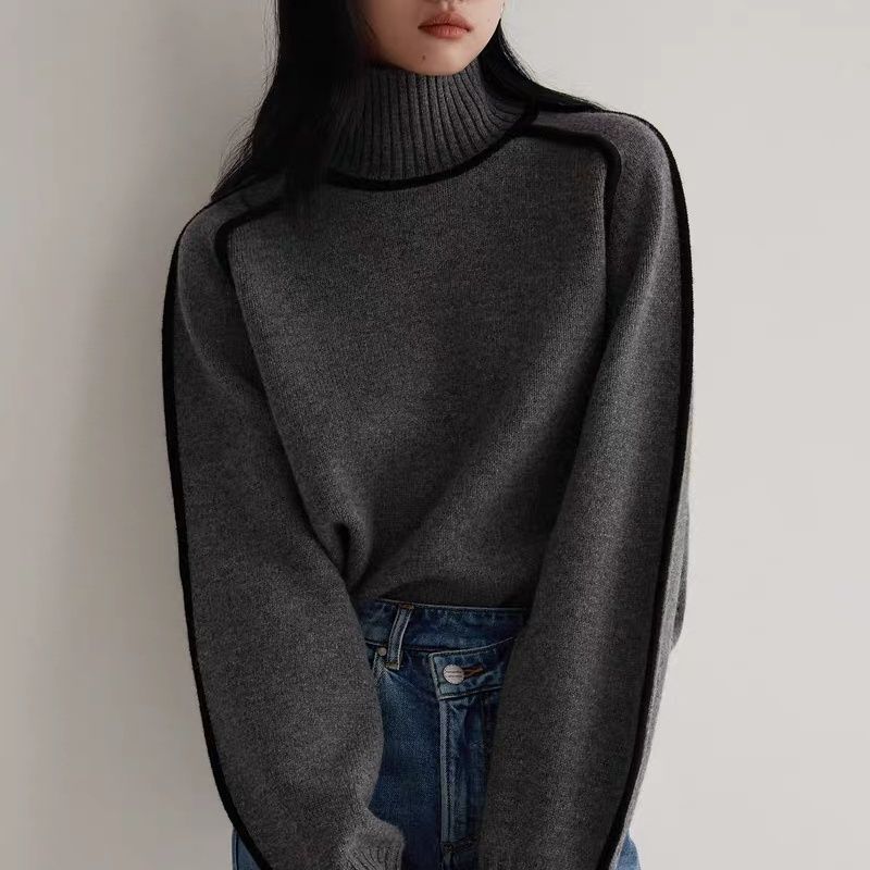 Women's Ribbed Turtleneck Sweater Contrast Trim