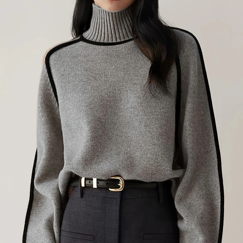 Women's Ribbed Turtleneck Sweater Contrast Trim