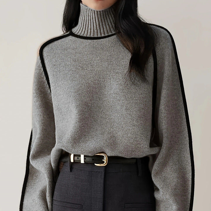 Women's Ribbed Turtleneck Sweater Contrast Trim