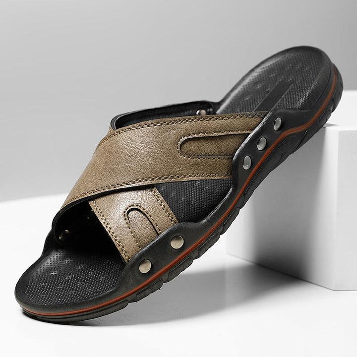Men’s Leather Strap Cushioned Sole Outdoor Slides