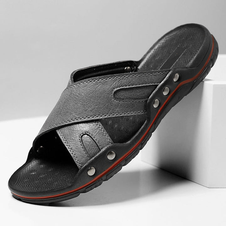 Men’s Leather Strap Cushioned Sole Outdoor Slides