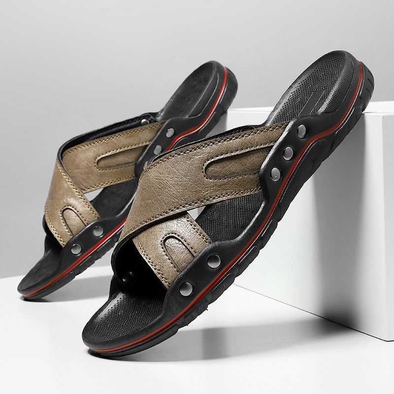 Men’s Leather Strap Cushioned Sole Outdoor Slides