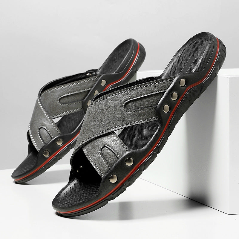Men’s Leather Strap Cushioned Sole Outdoor Slides