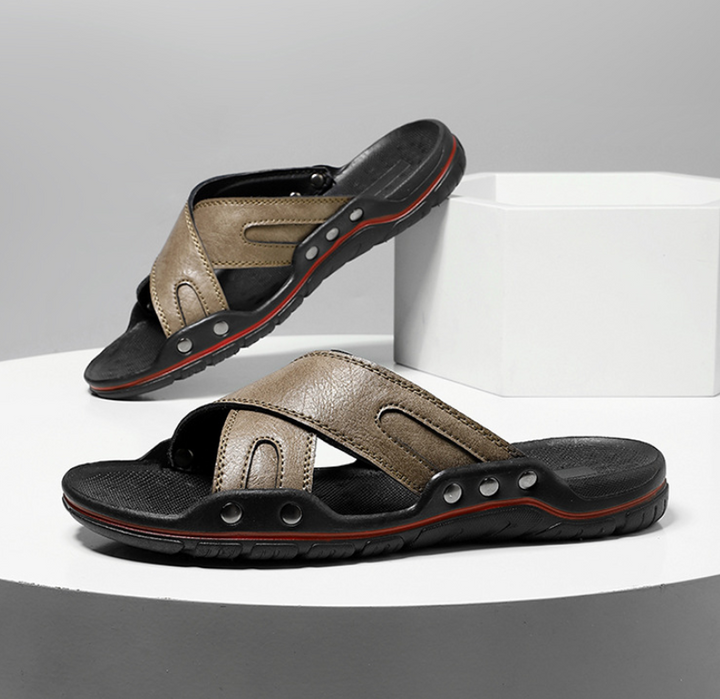 Men’s Leather Strap Cushioned Sole Outdoor Slides