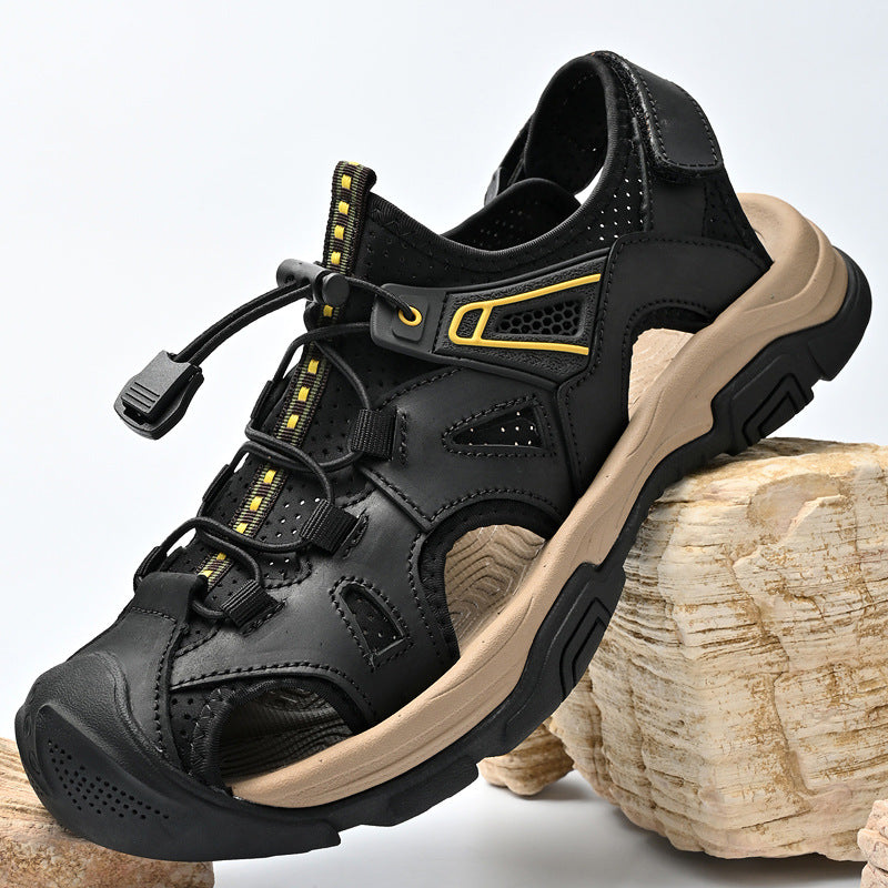 Men’s Leather Outdoor Sandals – Durable Traction Breathable Cutout