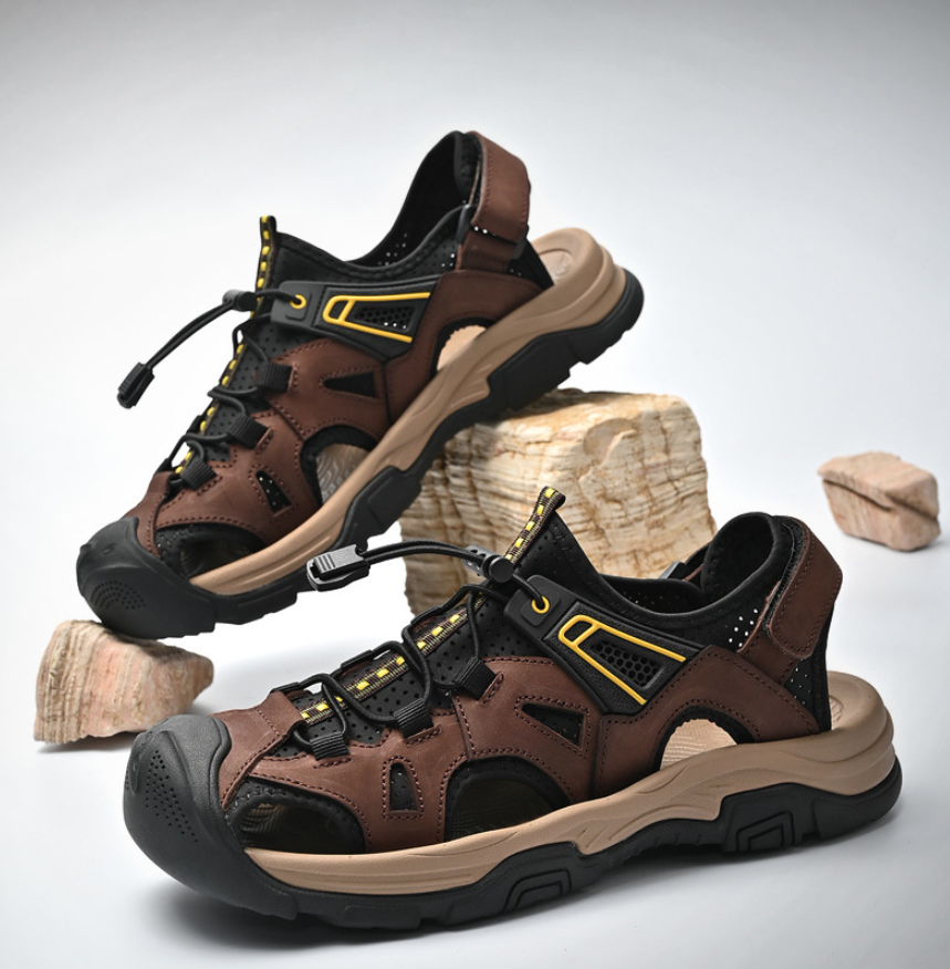 Men’s Leather Outdoor Sandals – Durable Traction Breathable Cutout