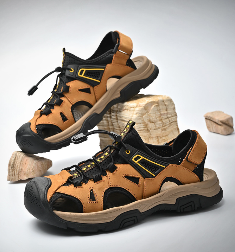 Men’s Leather Outdoor Sandals – Durable Traction Breathable Cutout