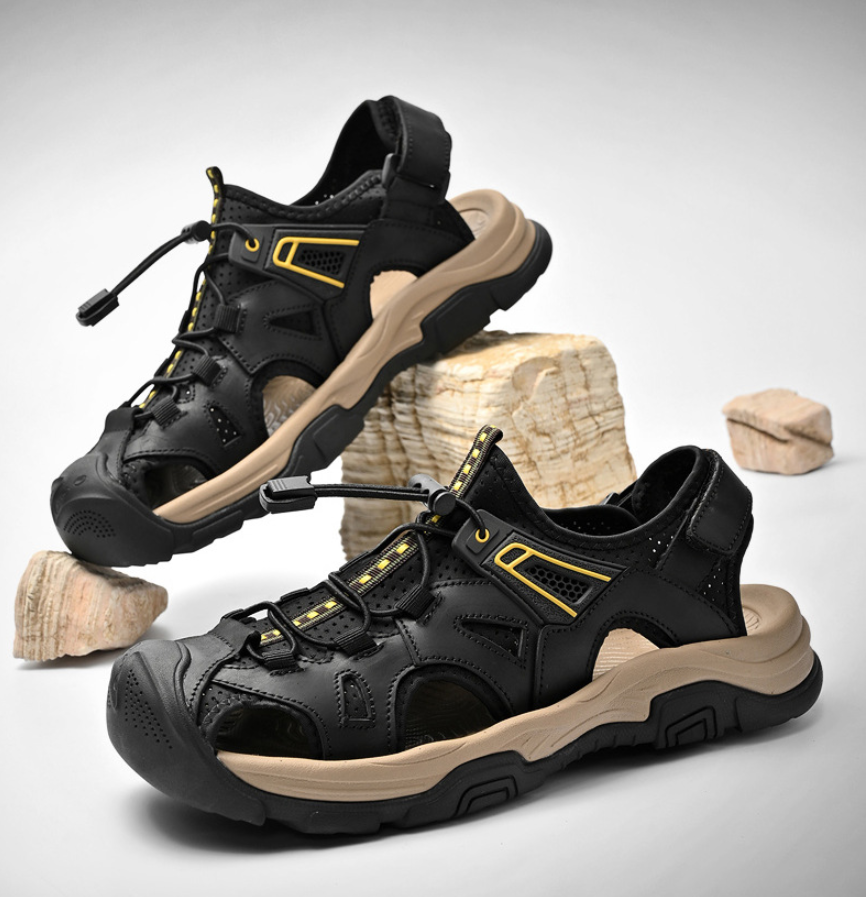 Men’s Leather Outdoor Sandals – Durable Traction Breathable Cutout