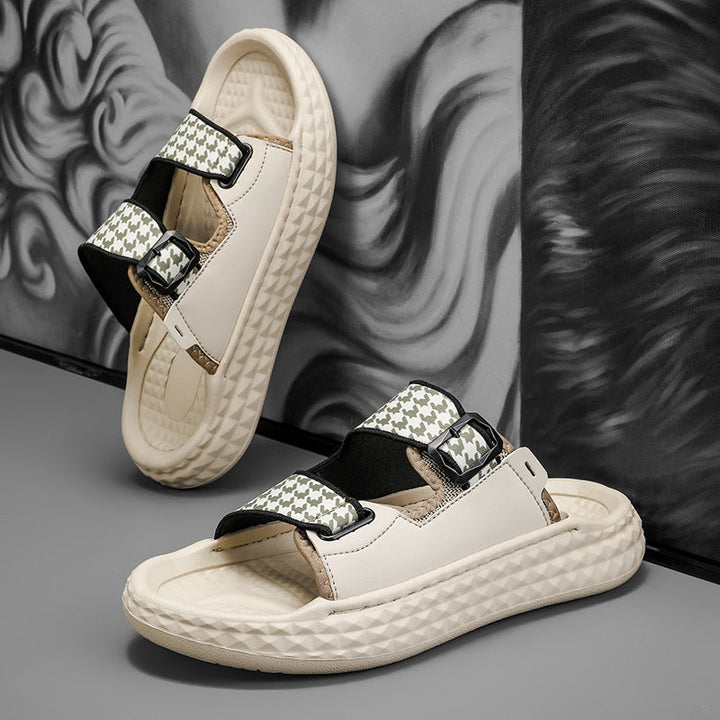 Men’s Houndstooth Comfort Slides – Adjustable Buckles & Cushioned Sole