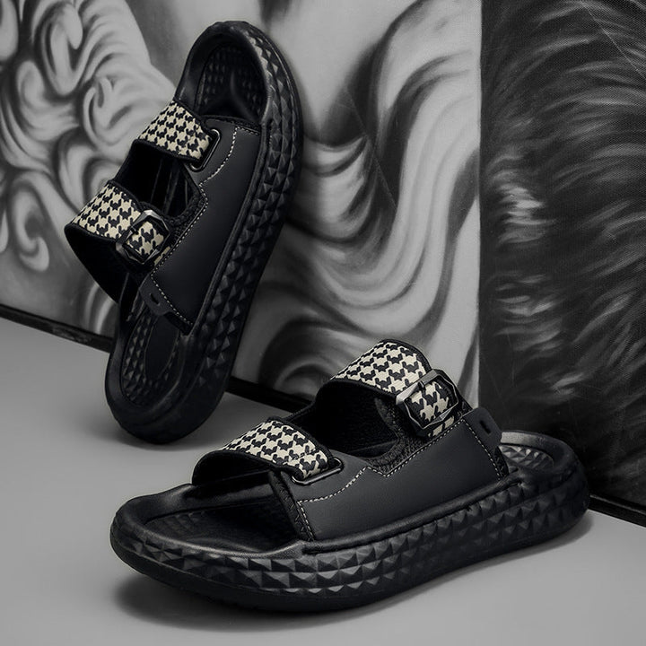 Men’s Houndstooth Comfort Slides – Adjustable Buckles & Cushioned Sole