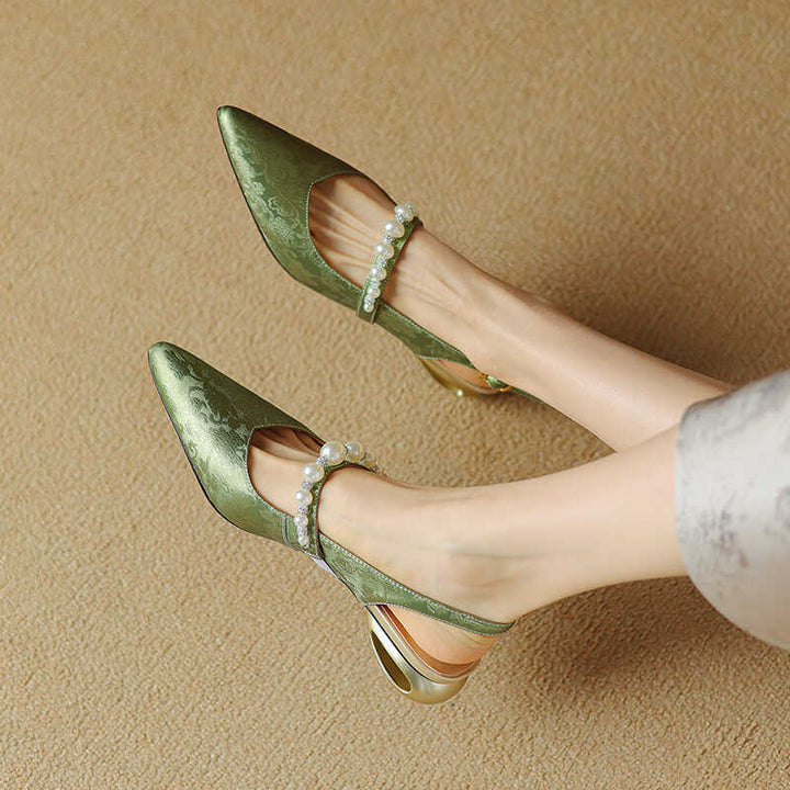 Women’s Pearl Strap Slingback Heels With Sculpted Heel