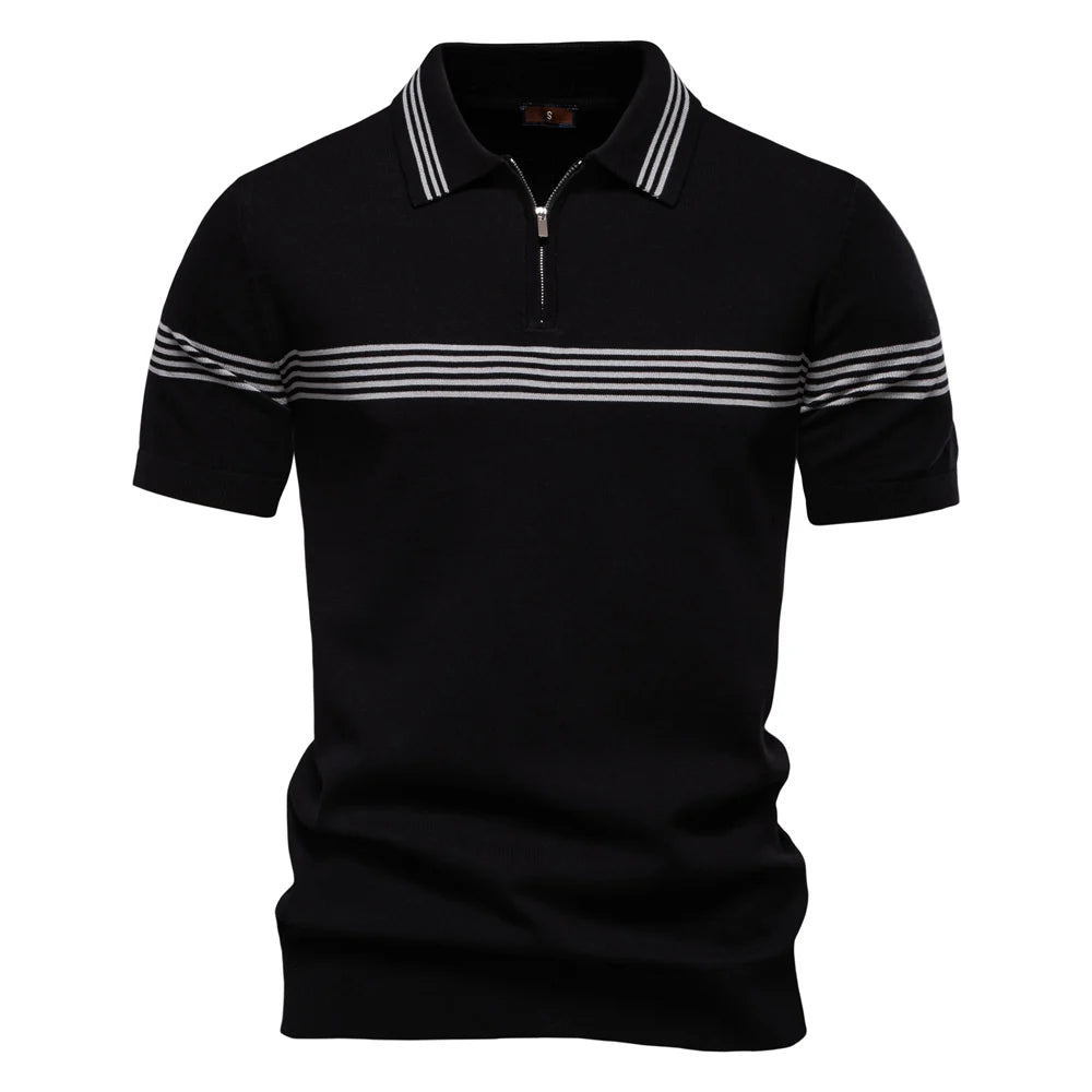 Men’s Striped Zip Polo Shirt – Knit Short Sleeve Polo