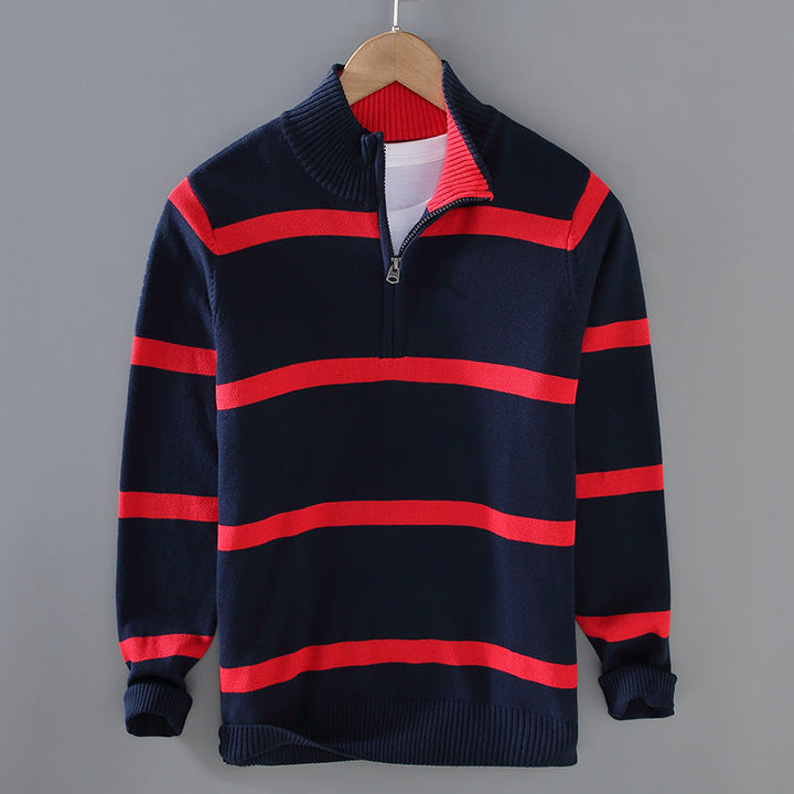 Men's Striped Quarter-Zip Cotton Sweater