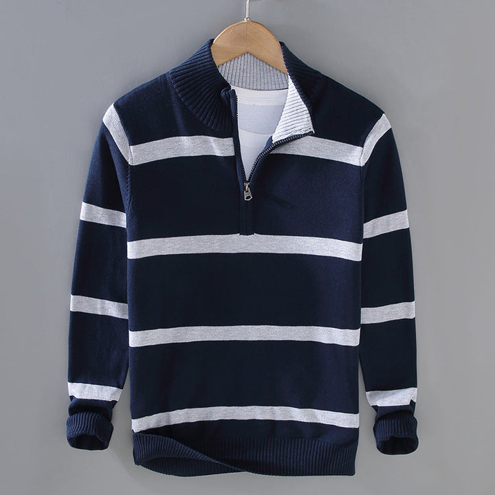 Men's Striped Quarter-Zip Cotton Sweater