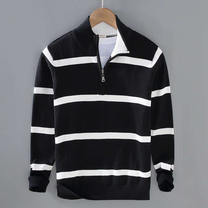 Men's Striped Quarter-Zip Cotton Sweater