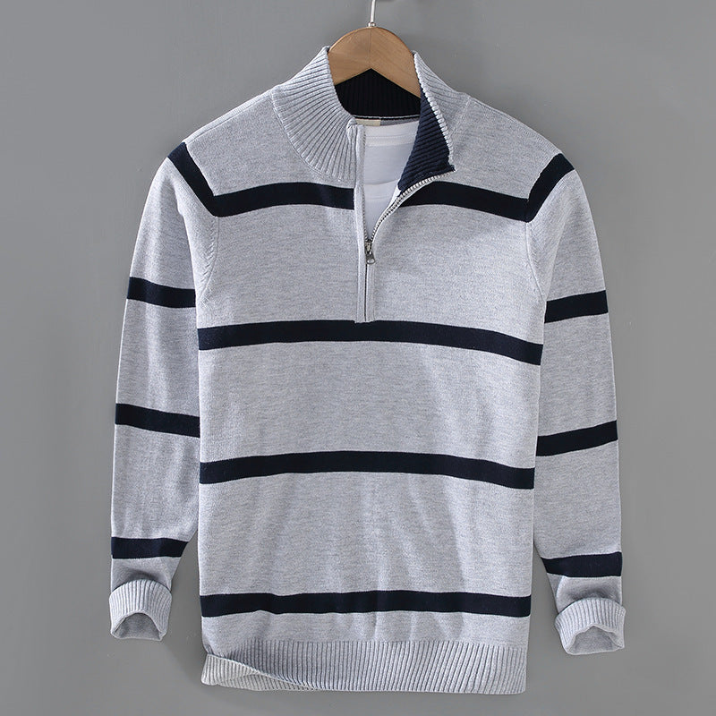 Men's Striped Quarter-Zip Cotton Sweater