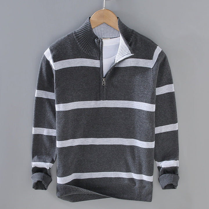 Men's Striped Quarter-Zip Cotton Sweater