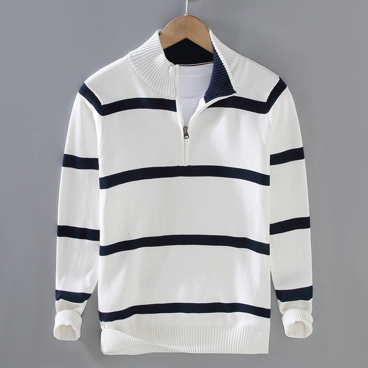Men's Striped Quarter-Zip Cotton Sweater