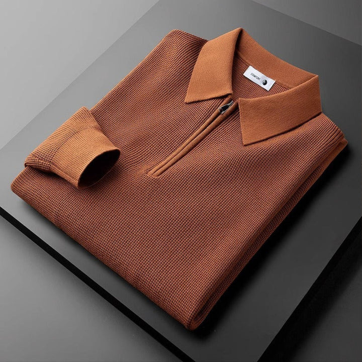 Waffle Knit Zip Polo Top Casual Shirt for Men