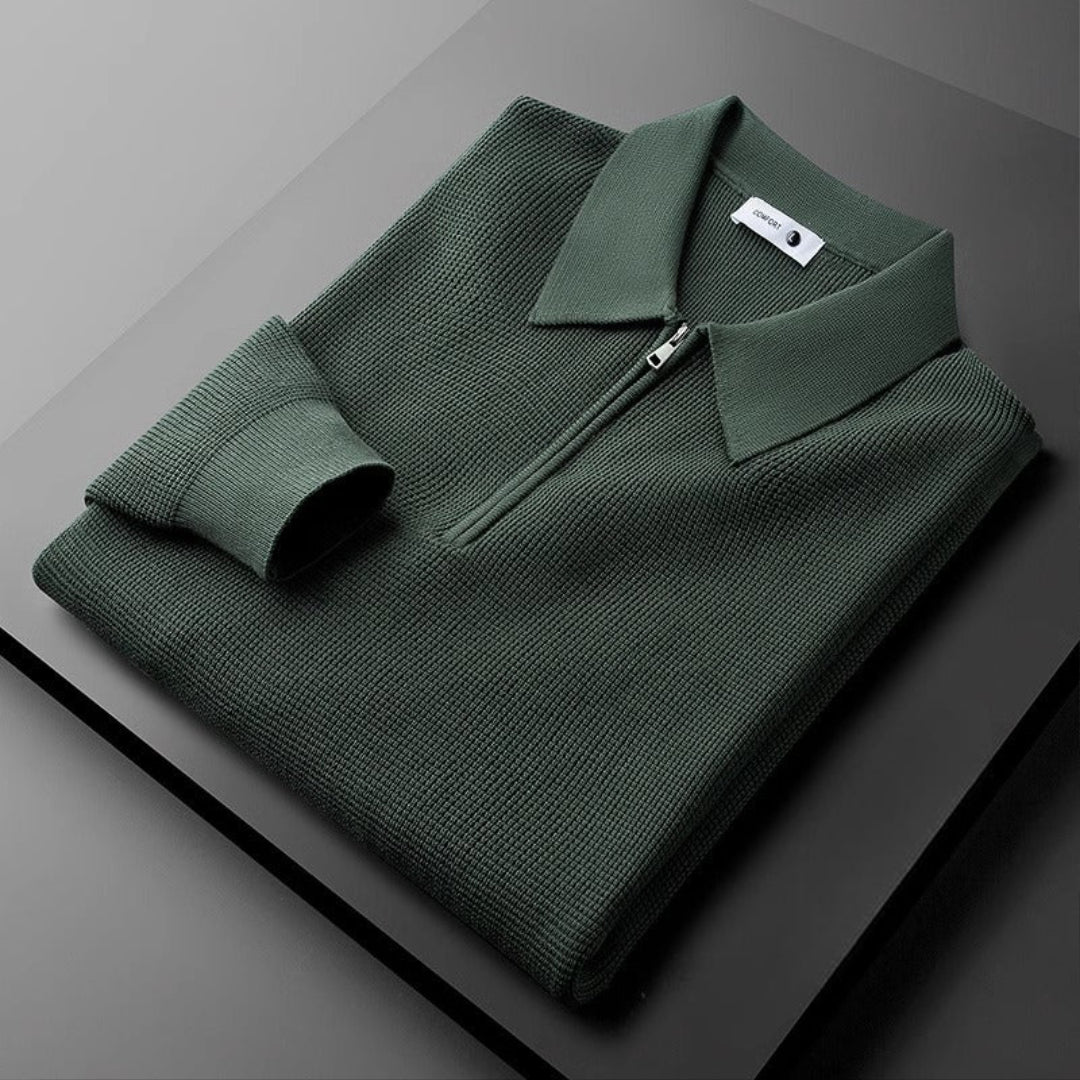 Waffle Knit Zip Polo Top Casual Shirt for Men