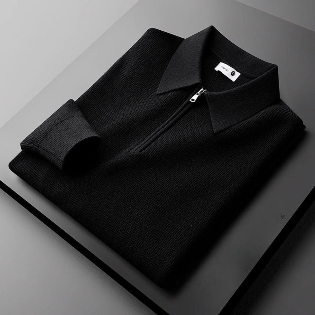 Waffle Knit Zip Polo Top Casual Shirt for Men