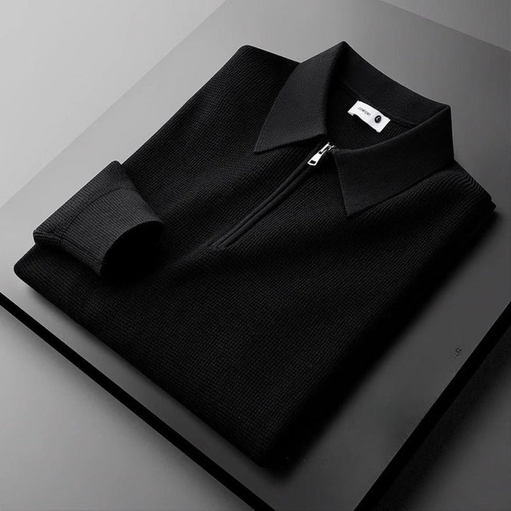 Waffle Knit Zip Polo Top Casual Shirt for Men