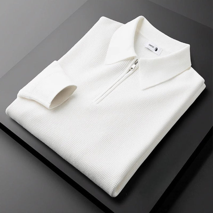 Waffle Knit Zip Polo Top Casual Shirt for Men