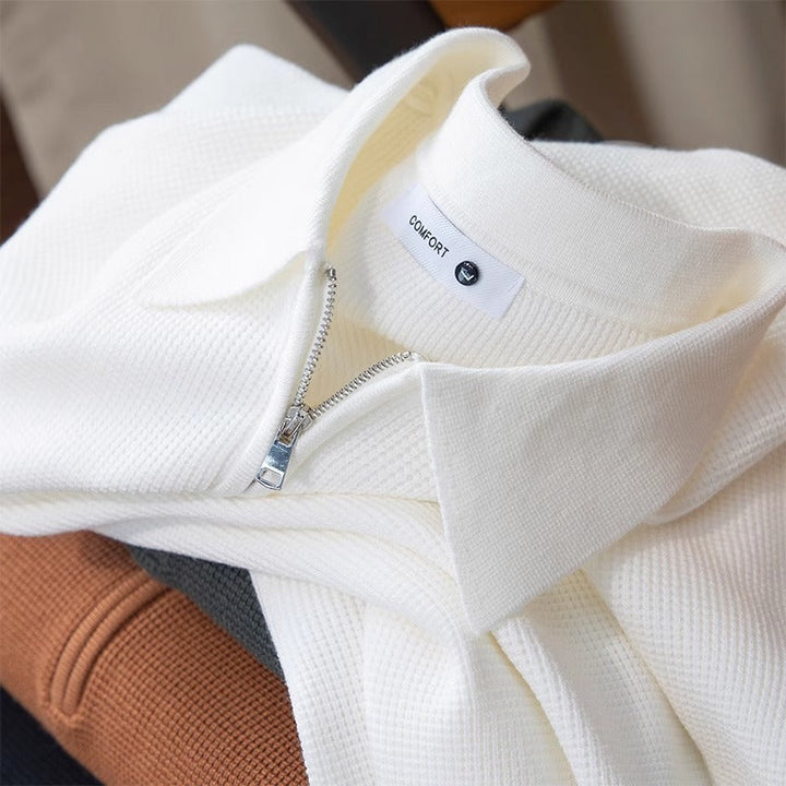 Waffle Knit Zip Polo Top Casual Shirt for Men