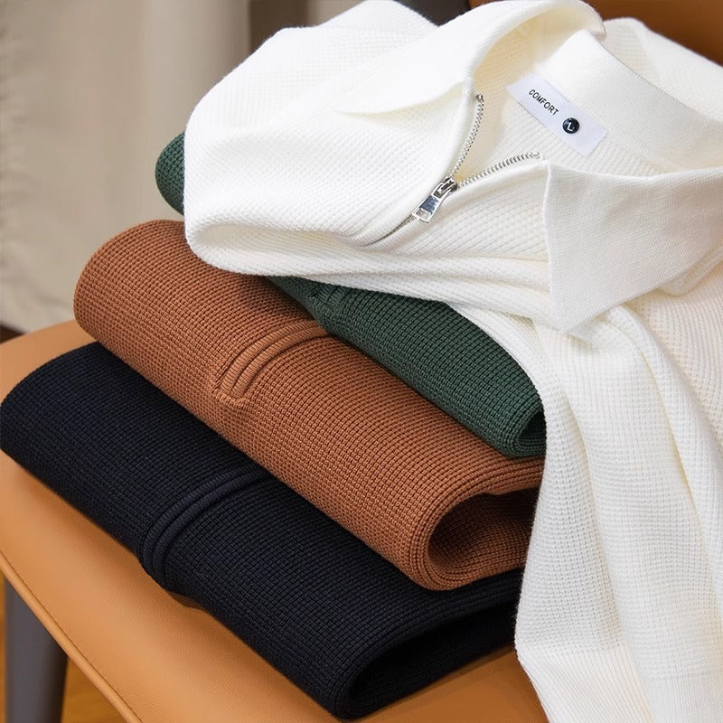 Waffle Knit Zip Polo Top Casual Shirt for Men