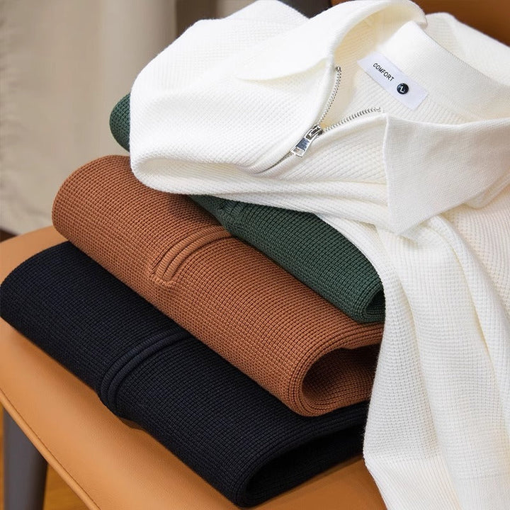 Waffle Knit Zip Polo Top Casual Shirt for Men